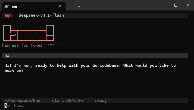 kon running in Windows Terminal: the header shows the model, the banner, a short exchange, and the status bar.